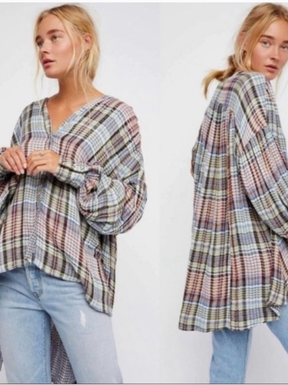 Free People Come On Over Plaid Oversized Top Size Medium